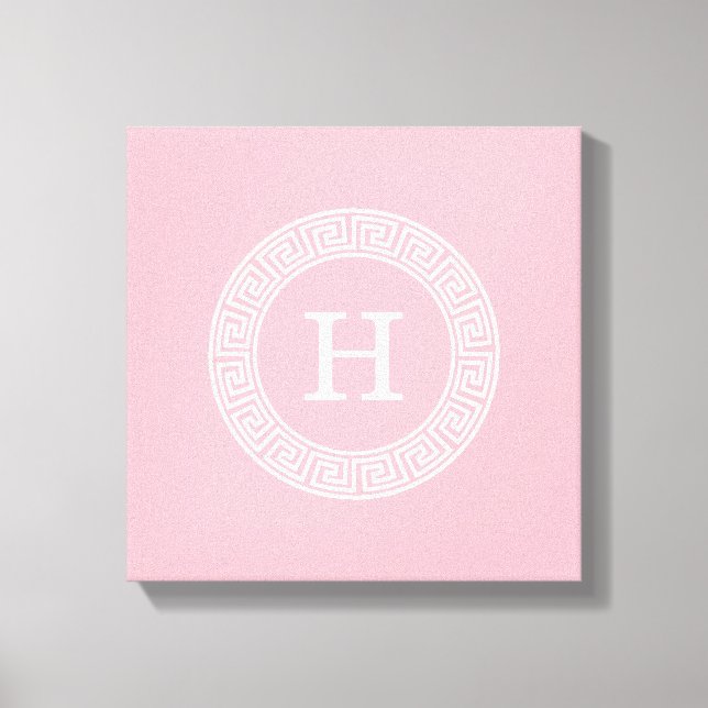 Pink Wht Greek Key Rnd Frame Initial Monogram Canvas Print (Front)