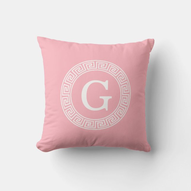 Pink Wht Greek Key Rnd Frame Initial Monogram Cushion (Front)