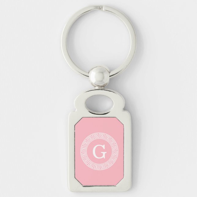 Pink Wht Greek Key Rnd Frame Initial Monogram Key Ring (Front)