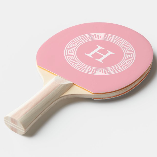 Pink Wht Greek Key Rnd Frame Initial Monogram Ping Pong Paddle (Front Angle)