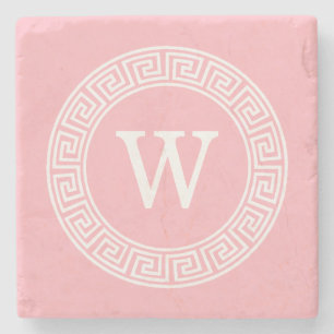 Pink Wht Greek Key Rnd Frame Initial Monogram Stone Coaster