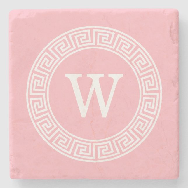 Pink Wht Greek Key Rnd Frame Initial Monogram Stone Coaster (Front)