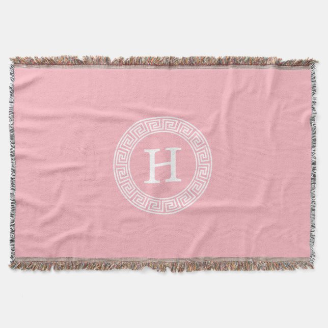 Pink Wht Greek Key Rnd Frame Initial Monogram Throw Blanket (Front)