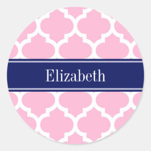 Pink Wht Moroccan #5 Navy Blue 5c Name Monogram Classic Round Sticker