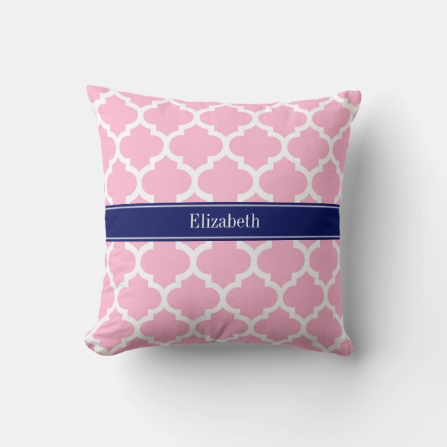 Pink Wht Moroccan #5 Navy Blue 5c Name Monogram Cushion (Front)