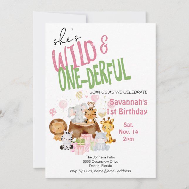 Pink Wild and Onederful Baby's First Birthday Invitation (Front)