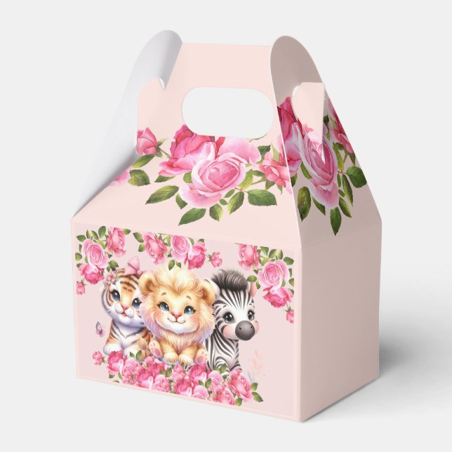 Pink WIld Animal Girl's Baby Shower or Birthday Favour Box (Front Side)