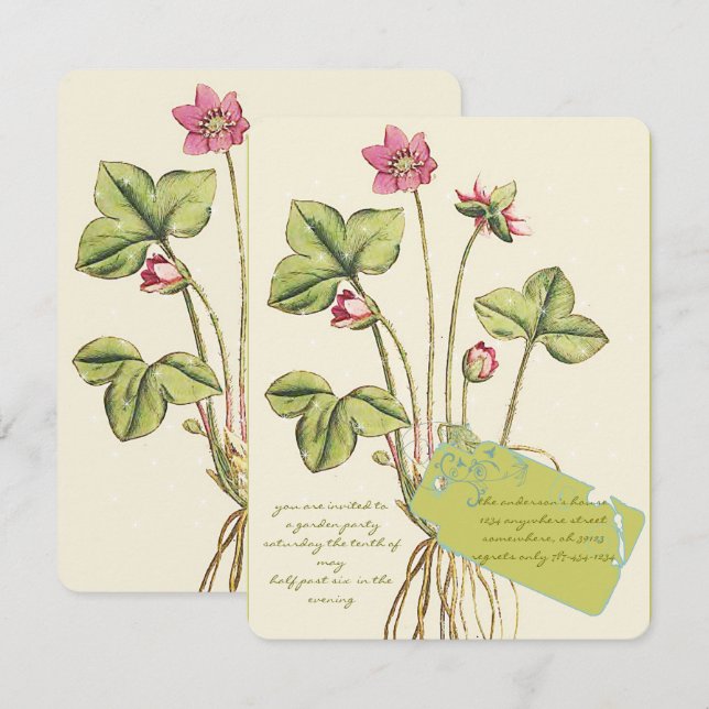 Pink Wild Flower Botanical  Dinner Invitations (Front/Back)