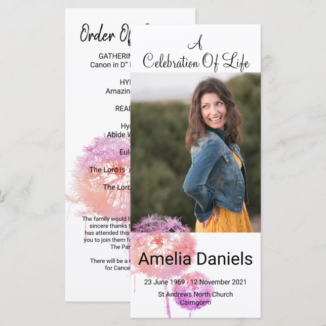 Pink Wild Flower Celebration Of Life Photo Card (Front/Back)