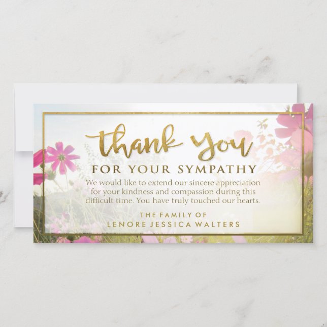 Pink Wild Flower Golden Thank You Sympathy Card (Front)