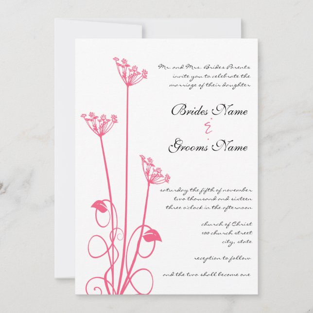Pink Wild Flower Swirl Wedding Invitation (Front)