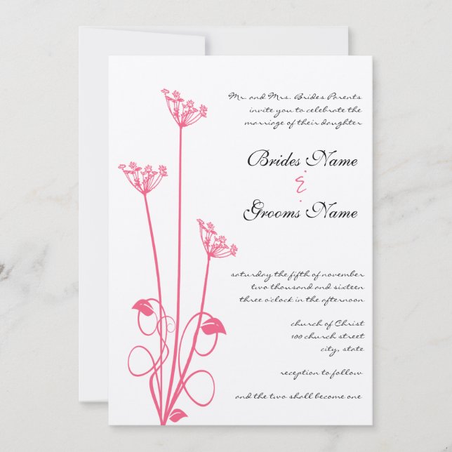 Pink Wild Flower Swirl Wedding Invitation (Front)