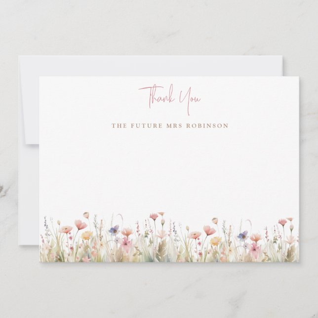 Pink Wild Flowers Bridal Shower  Thank You Card (Front)