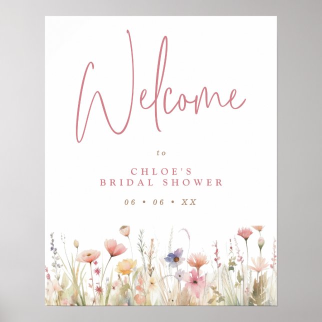 Pink Wild Flowers Bridal Shower Welcome Poster (Front)