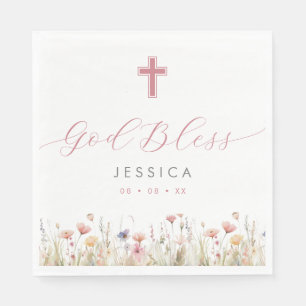 Pink Wild Flowers & Cross God Bless Baptism Napkin