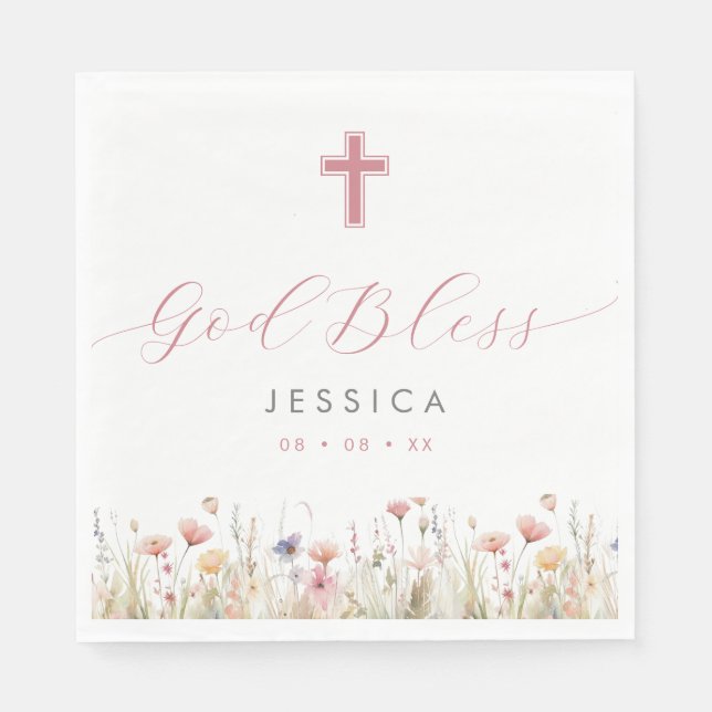 Pink Wild Flowers & Cross God Bless Baptism Napkin (Front)