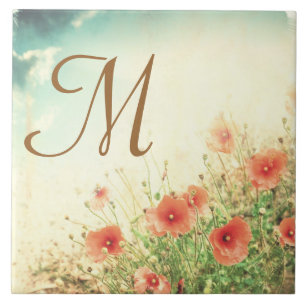 Pink Wild Flowers in Field Monogram Display Tile