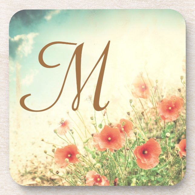 Pink Wild Flowers in Field Monogram Drink Coaster (Front)