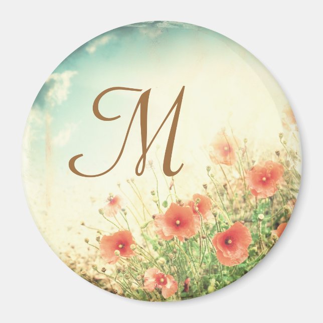 Pink Wild Flowers in Field Monogram Initial Magnet (Front)