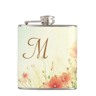 Pink Wild Flowers in Field Monogram Whiskey Flask