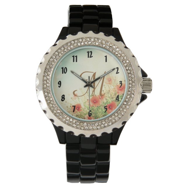 Pink Wild Flowers in Field Wrist Watch (Front)