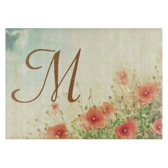 Pink Wild Flowers Monogram Glass Cutting Board (Front)