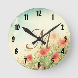 Pink Wild Flowers Monogram Initial Wall Clock