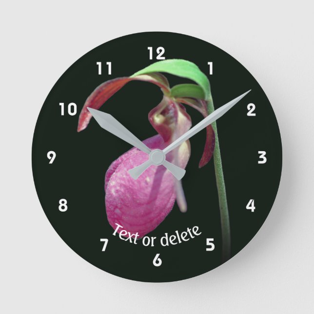 Pink Wild Lady Slipper Flower Personalised Round Clock (Front)