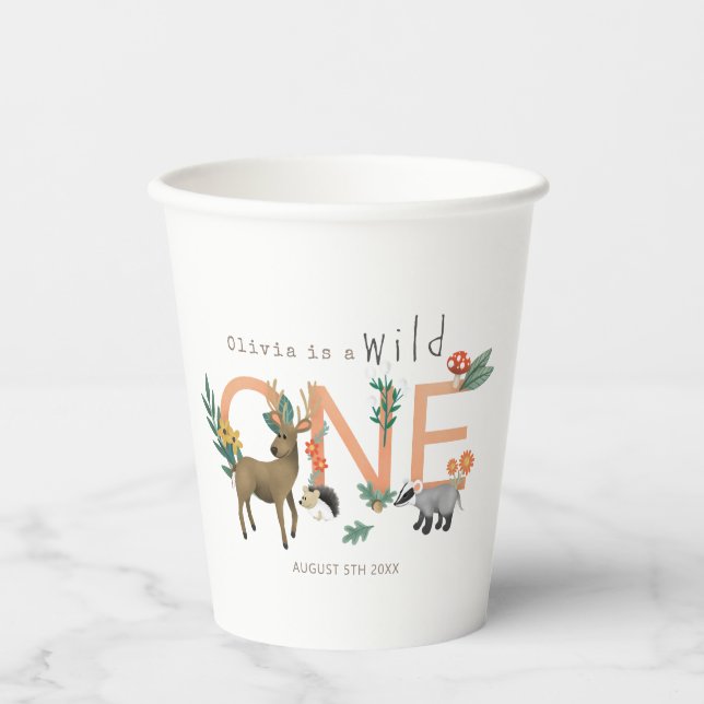 Pink Wild One Cute Woodland Animals 1st Birthday Paper Cups (Front)