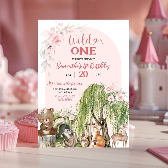 Pink Wild One Woodland Animals Girl First Birthday Invitation (Creator Uploaded)