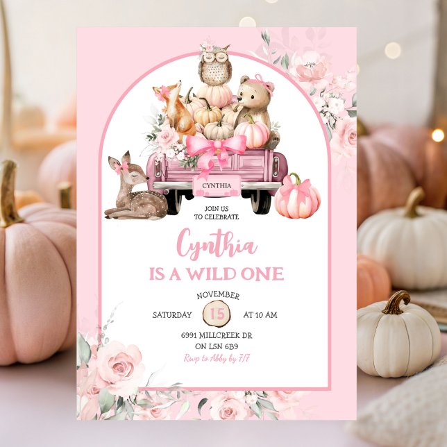 Pink Wild One Woodland Pumpkin Truck 1st Birthday Invitation (Creator Uploaded)
