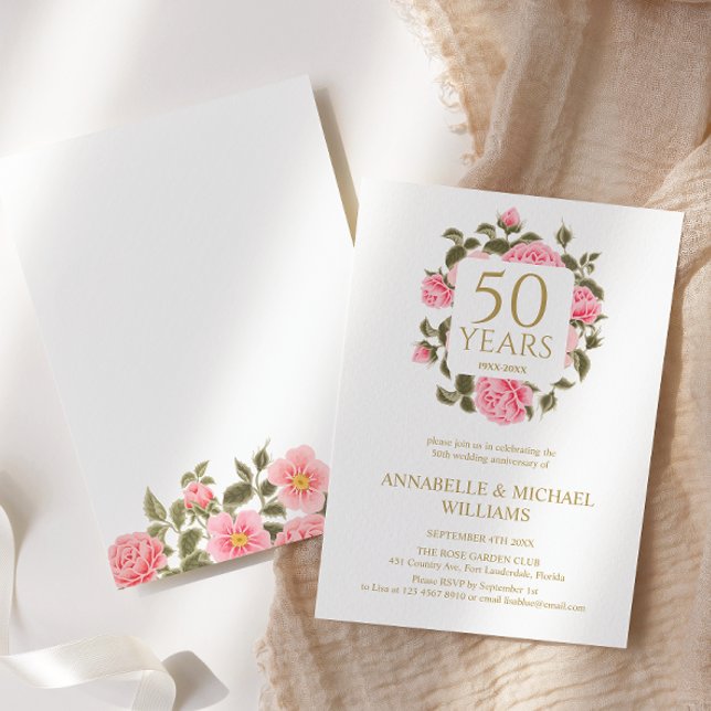 PINK WILD ROSE BOUQUET 50th ANNIVERSARY GOLDEN  Invitation (Creator Uploaded)