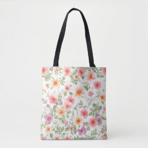 Pink wild rose floral pattern, boho tote bag