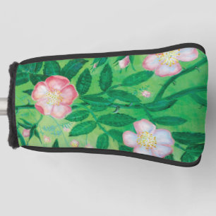 Pink Wild Rose Flowers & Green Leaves Illustration Golf Head Cover