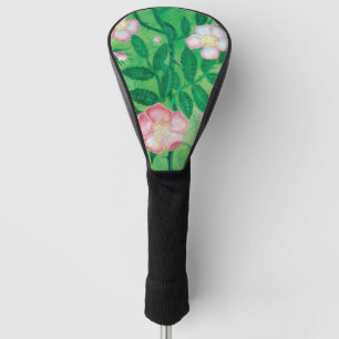 Pink Wild Rose Flowers & Green Leaves Illustration Golf Head Cover