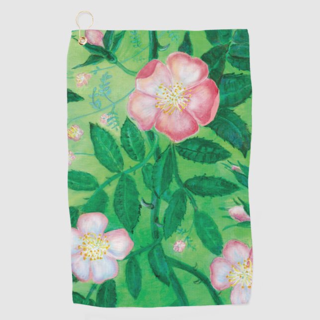 Pink Wild Rose Flowers & Green Leaves Illustration Golf Towel (Front)