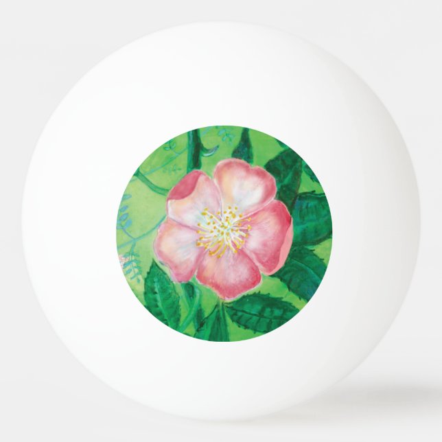Pink Wild Rose Flowers & Green Leaves Illustration Ping Pong Ball (Front)