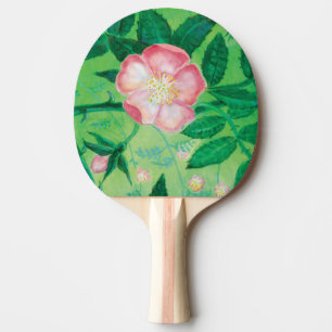 Pink Wild Rose Flowers & Green Leaves Illustration Ping Pong Paddle