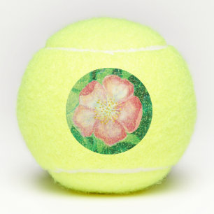 Pink Wild Rose Flowers & Green Leaves Illustration Tennis Balls