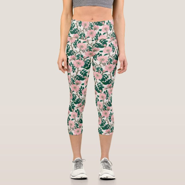 Pink Wild Rose Flowers & Green Leaves Pattern Capri Leggings (Front)