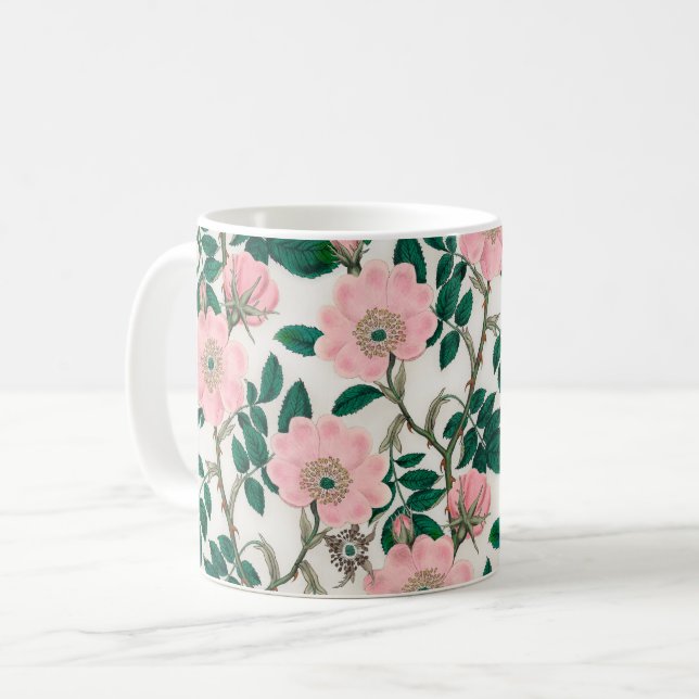 Pink Wild Rose Flowers & Green Leaves Pattern Coffee Mug (Front Left)