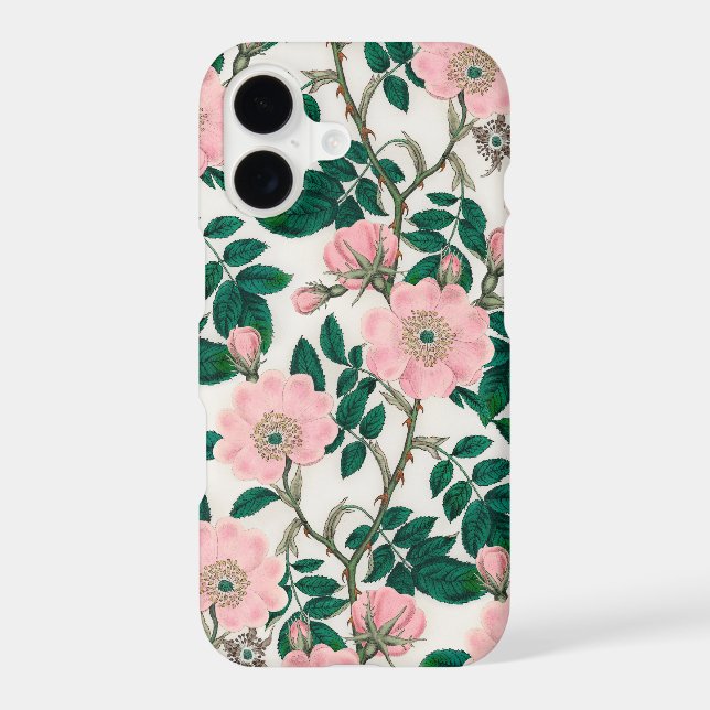 Pink Wild Rose Flowers & Green Leaves Pattern iPhone Case (Back)