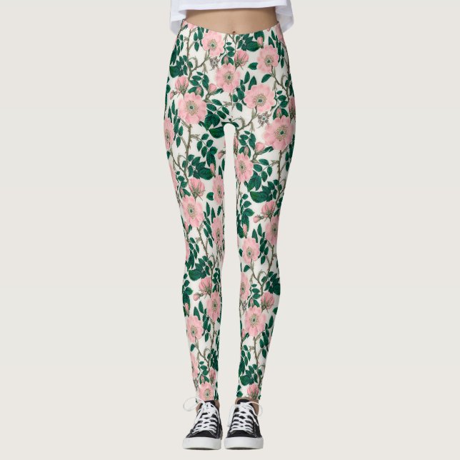 Pink Wild Rose Flowers & Green Leaves Pattern Leggings (Front)