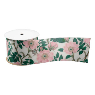 Pink Wild Rose Flowers & Green Leaves Pattern Satin Ribbon