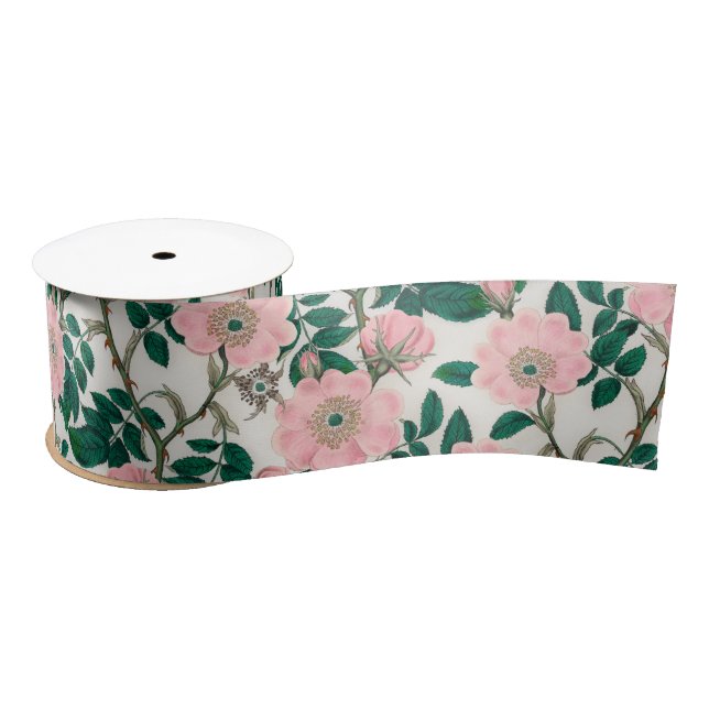Pink Wild Rose Flowers & Green Leaves Pattern Satin Ribbon (Spool)