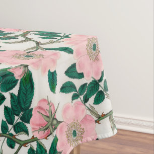 Pink Wild Rose Flowers & Green Leaves Pattern Tablecloth