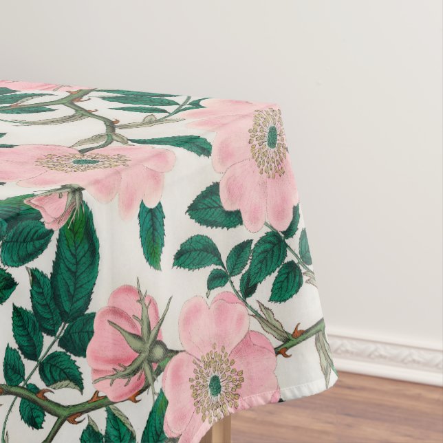 Pink Wild Rose Flowers & Green Leaves Pattern Tablecloth (In Situ)
