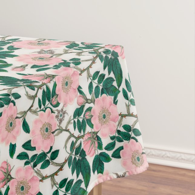 Pink Wild Rose Flowers & Green Leaves Pattern Tablecloth (In Situ)