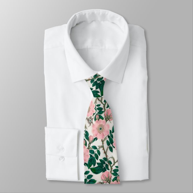 Pink Wild Rose Flowers & Green Leaves Pattern Tie (Tied)