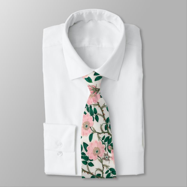 Pink Wild Rose Flowers & Green Leaves Pattern Tie (Tied)